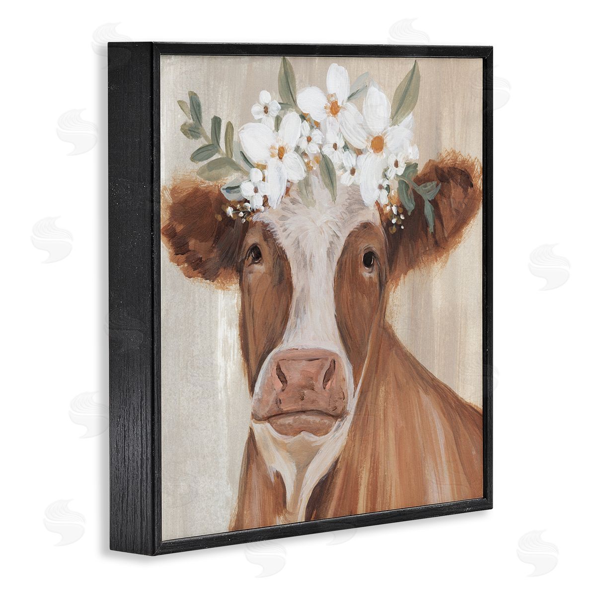 Annie Warren Brown Cattle Floral Bloom Crown Black Framed Glicee Wall Art Print