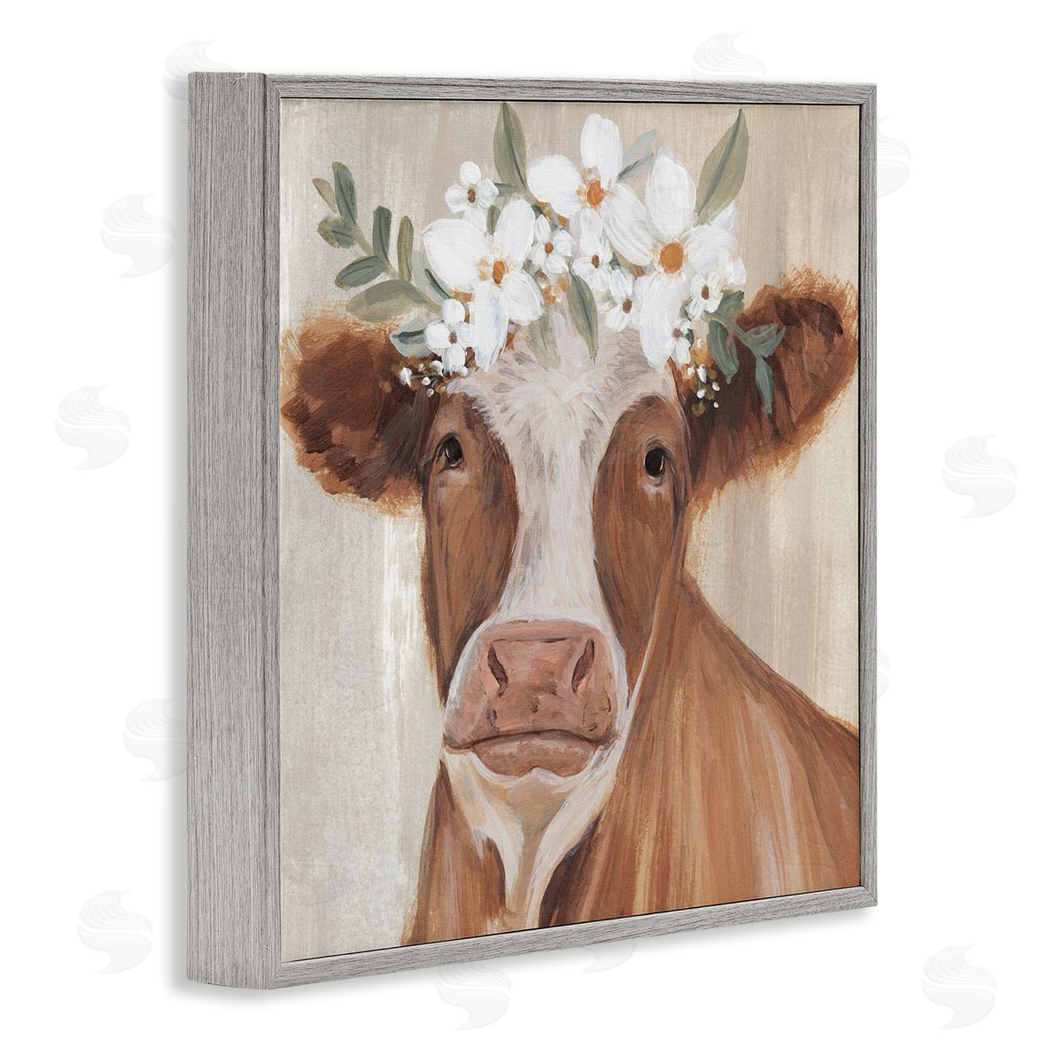 Annie Warren Brown Cattle Floral Bloom Crown Gray Framed Glicee Wall Art Print