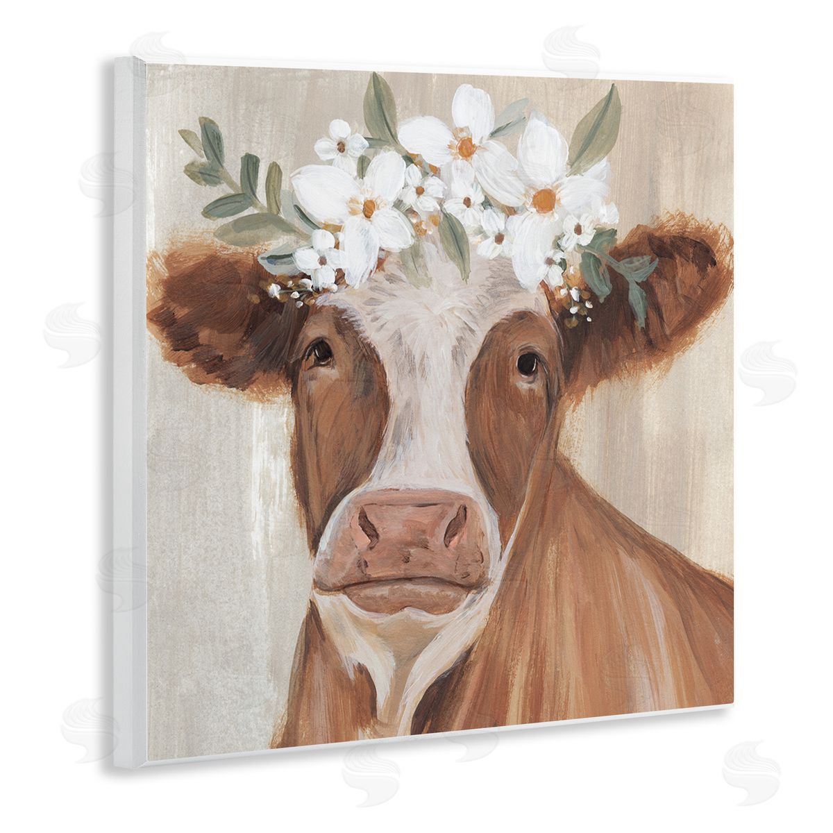 Annie Warren Brown Cattle Floral Bloom Crown Wooden Wall Plaque Art Print