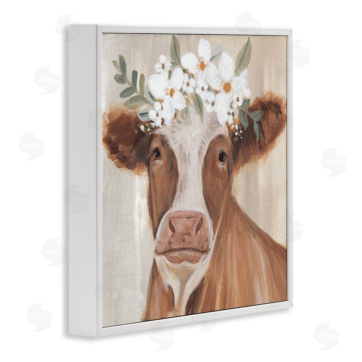 Annie Warren Brown Cattle Floral Bloom Crown White Framed Glicee Wall Art Print