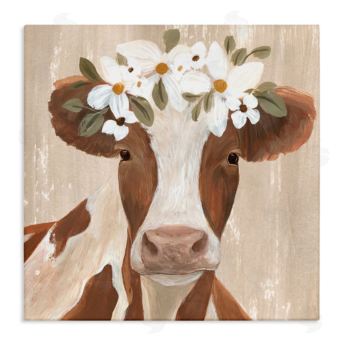 Annie Warren Rustic Cow Portrait Flower Blossoms Stretched Canvas Wall Art Print
