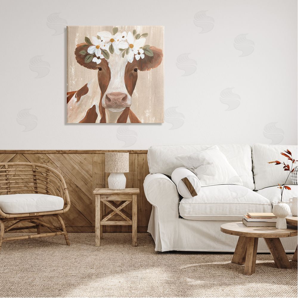 Annie Warren Rustic Cow Portrait Flower Blossoms Canvas Wall Art in Room