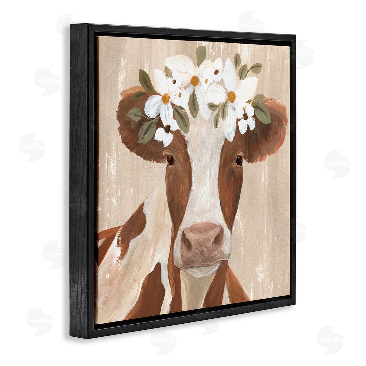 Annie Warren Rustic Cow Portrait Flower Blossoms Black Floating Frame Canvas Wall Art Print