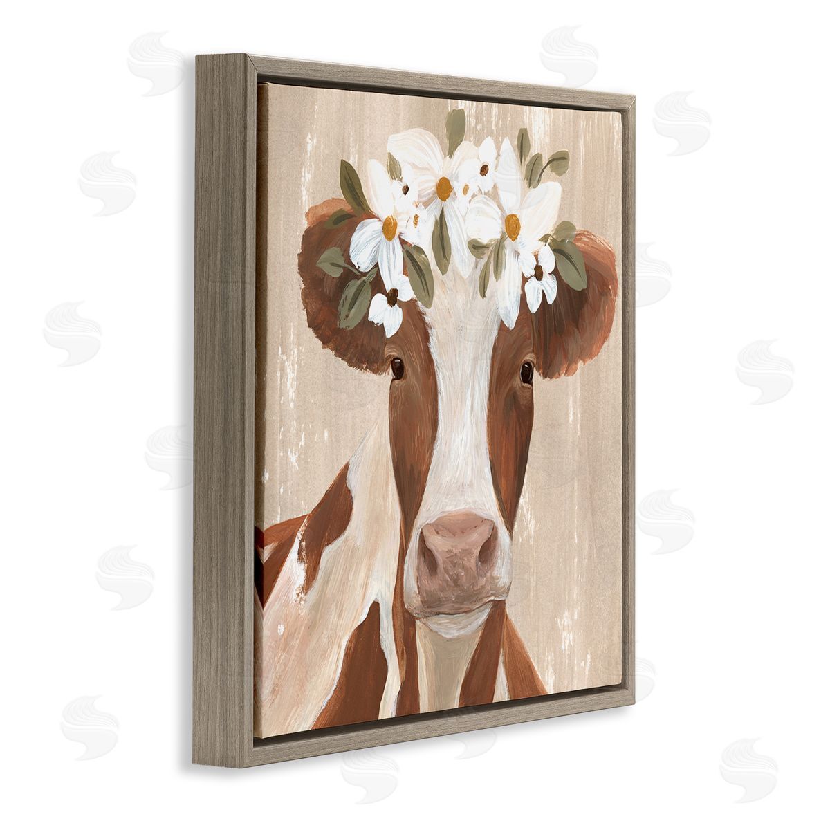 Annie Warren Rustic Cow Portrait Flower Blossoms Brown Floating Frame Canvas Wall Art Print