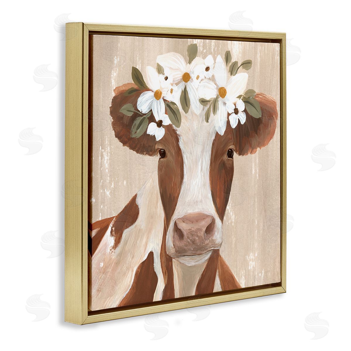 Annie Warren Rustic Cow Portrait Flower Blossoms Gold Floating Frame Canvas Wall Art Print