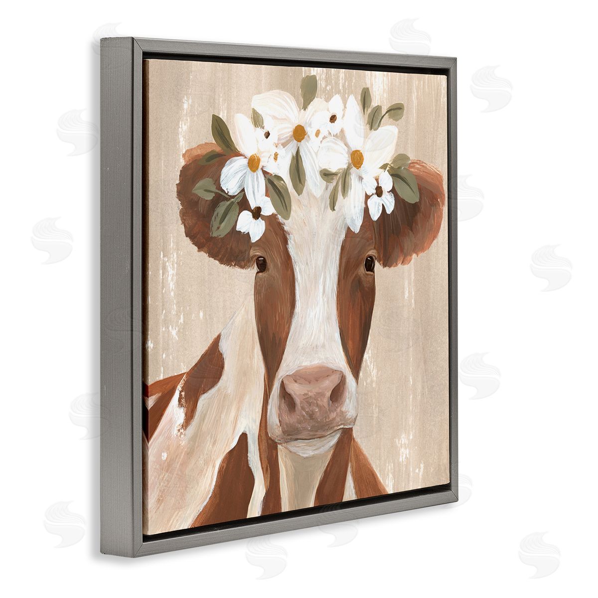 Annie Warren Rustic Cow Portrait Flower Blossoms Gray Floating Frame Canvas Wall Art Print