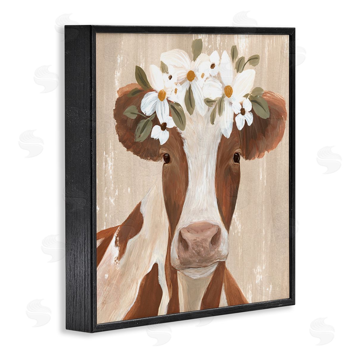 Annie Warren Rustic Cow Portrait Flower Blossoms Black Framed Glicee Wall Art Print