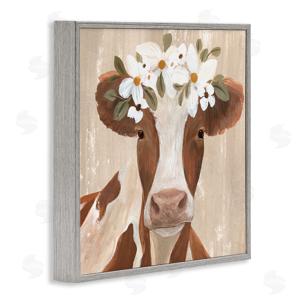 Annie Warren Rustic Cow Portrait Flower Blossoms Gray Framed Glicee Wall Art Print