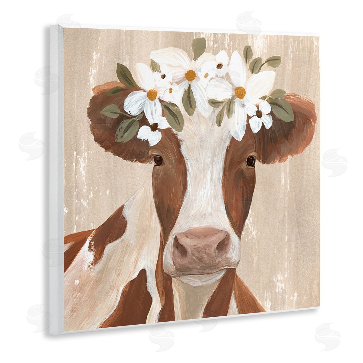 Annie Warren Rustic Cow Portrait Flower Blossoms Wooden Wall Plaque Art Print