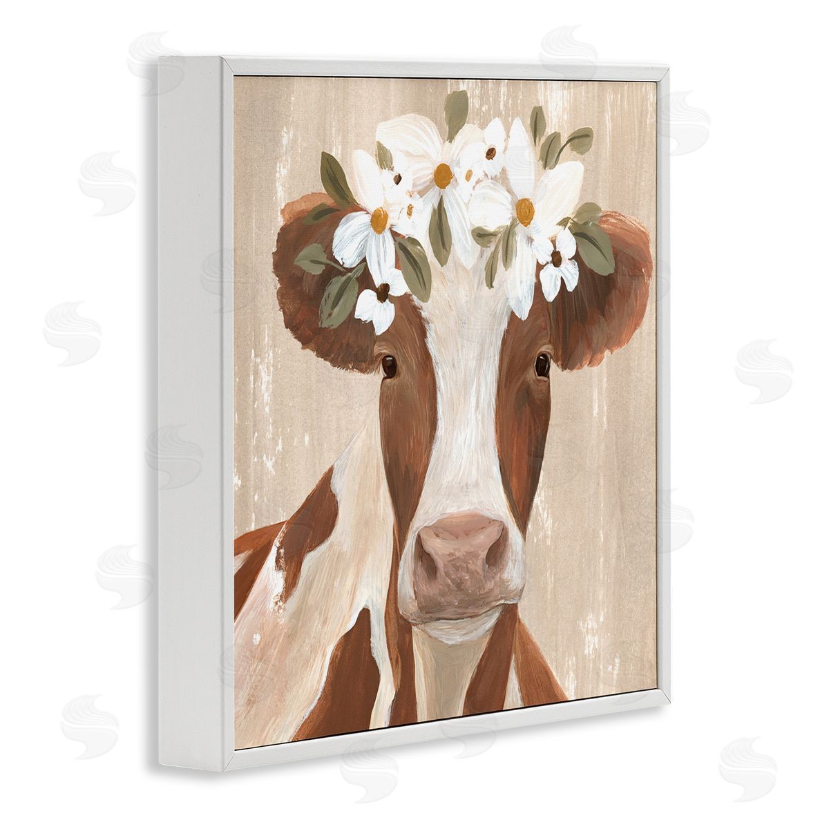 Annie Warren Rustic Cow Portrait Flower Blossoms White Framed Glicee Wall Art Print