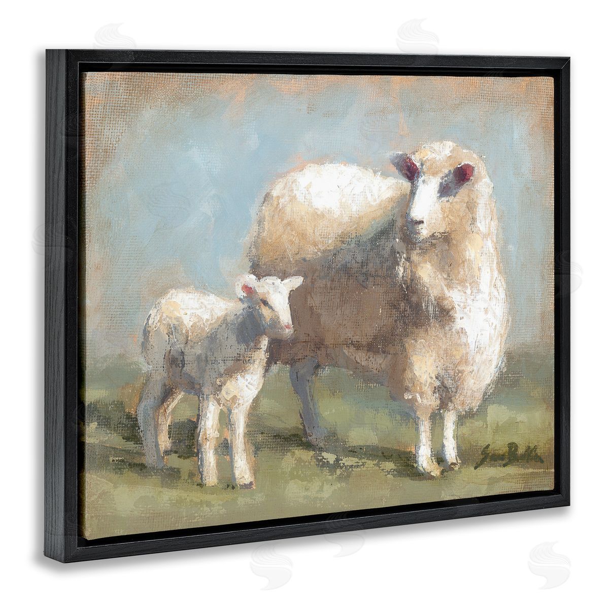 Sheep & Lamb Family Farm Black Floating Frame Canvas Wall Art, Home Decor by Sara Baker