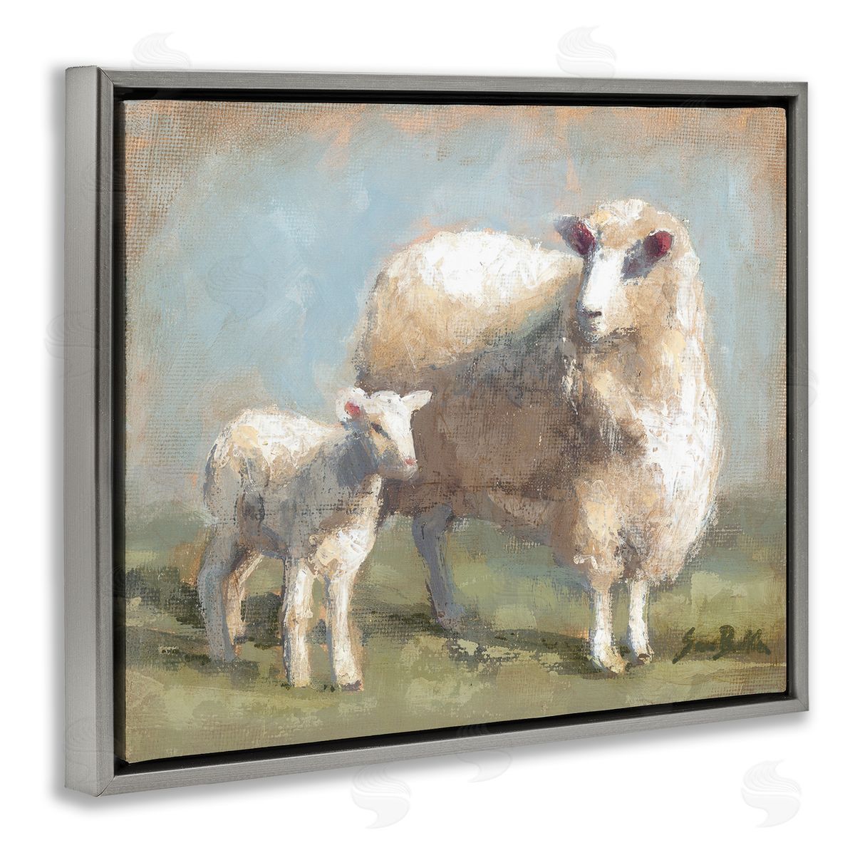 Sheep & Lamb Family Farm Grey Floating Frame Canvas Wall Art, Home Decor by Sara Baker