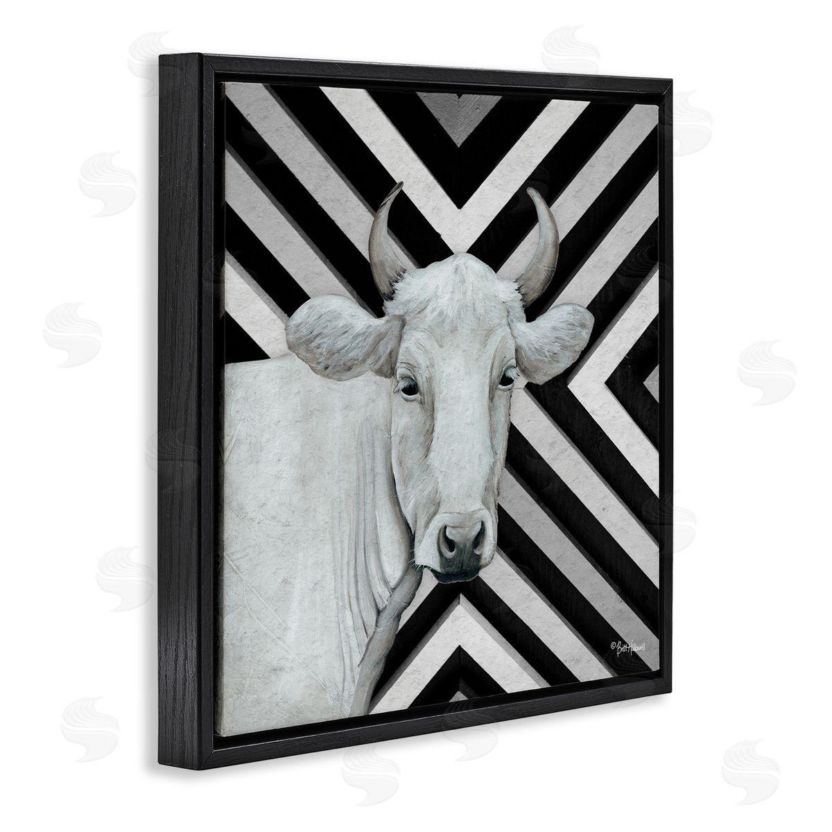 Britt Hallowell White Cattle Chevron Stripes Black Floating Frame Canvas Wall Art Print
