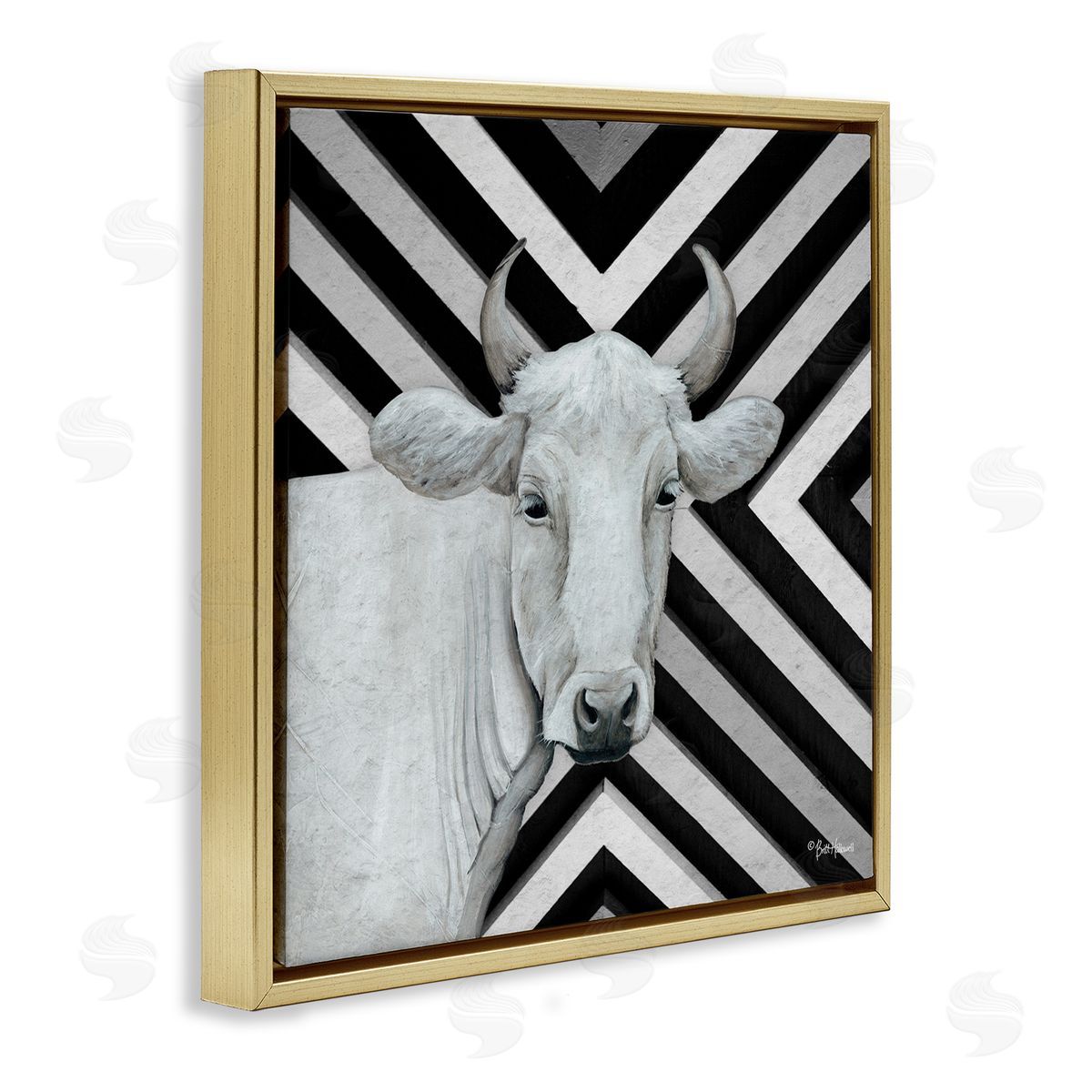 Britt Hallowell White Cattle Chevron Stripes Gold Floating Frame Canvas Wall Art Print