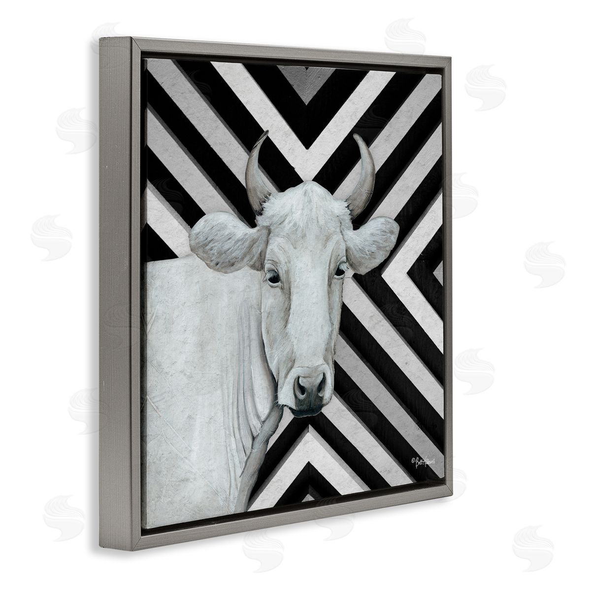 Britt Hallowell White Cattle Chevron Stripes Gray Floating Frame Canvas Wall Art Print
