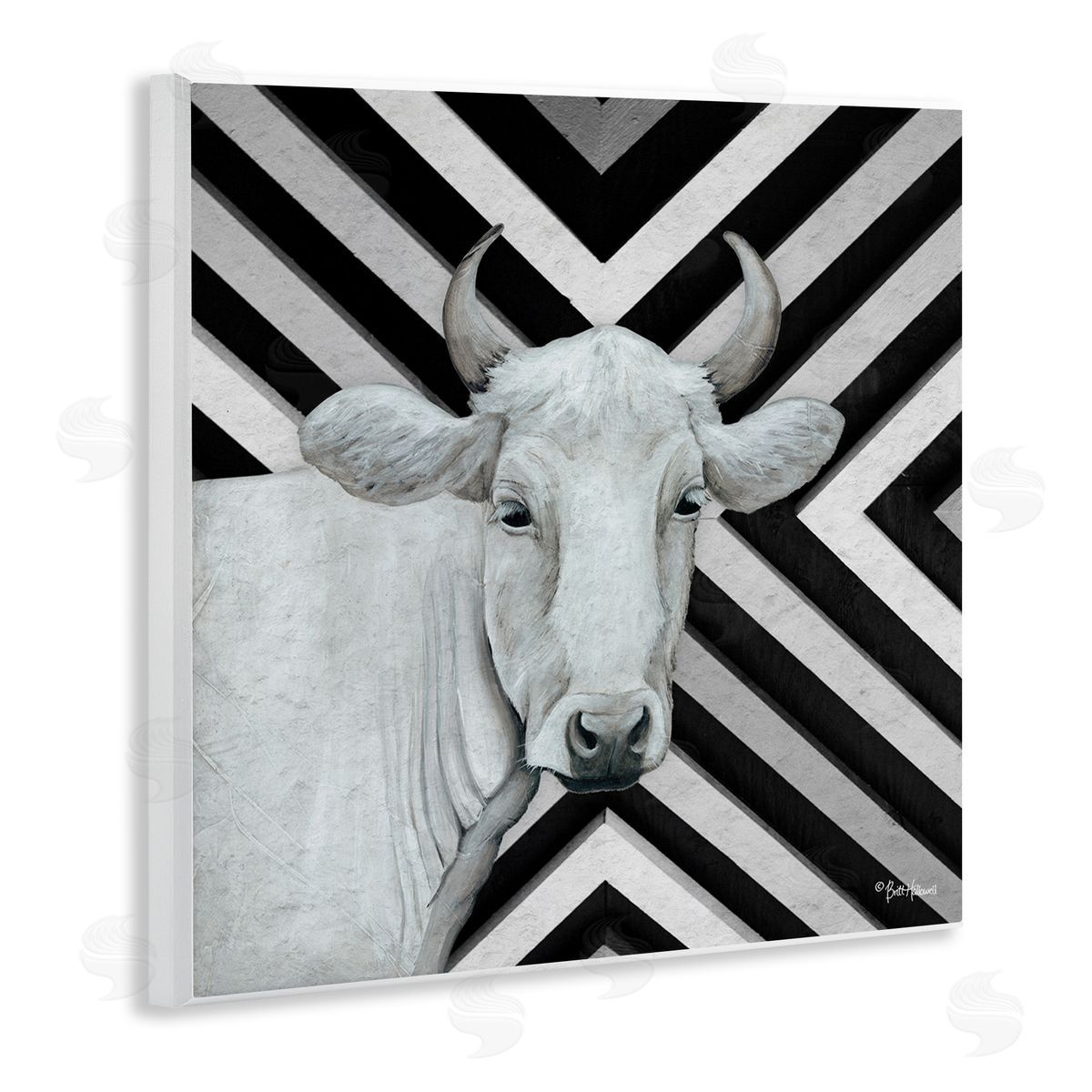 Britt Hallowell White Cattle Chevron Stripes Wooden Wall Plaque Art Print