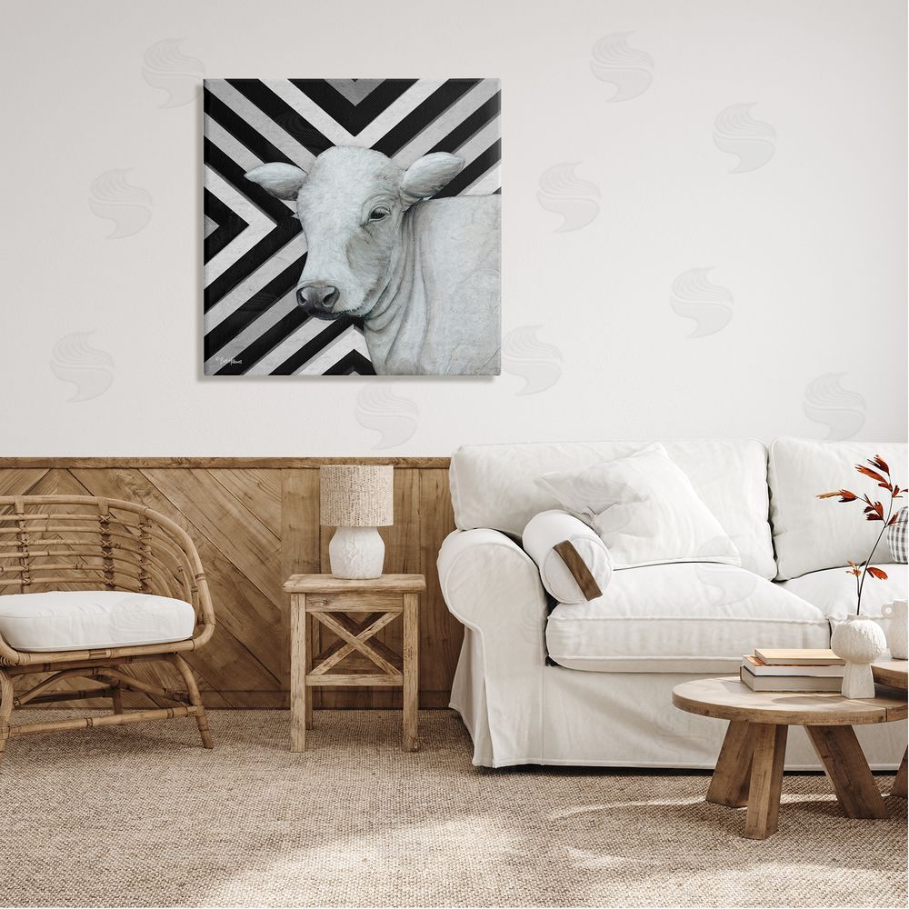 Britt Hallowell Cow Portrait Stripes Pattern Canvas Wall Art in Room