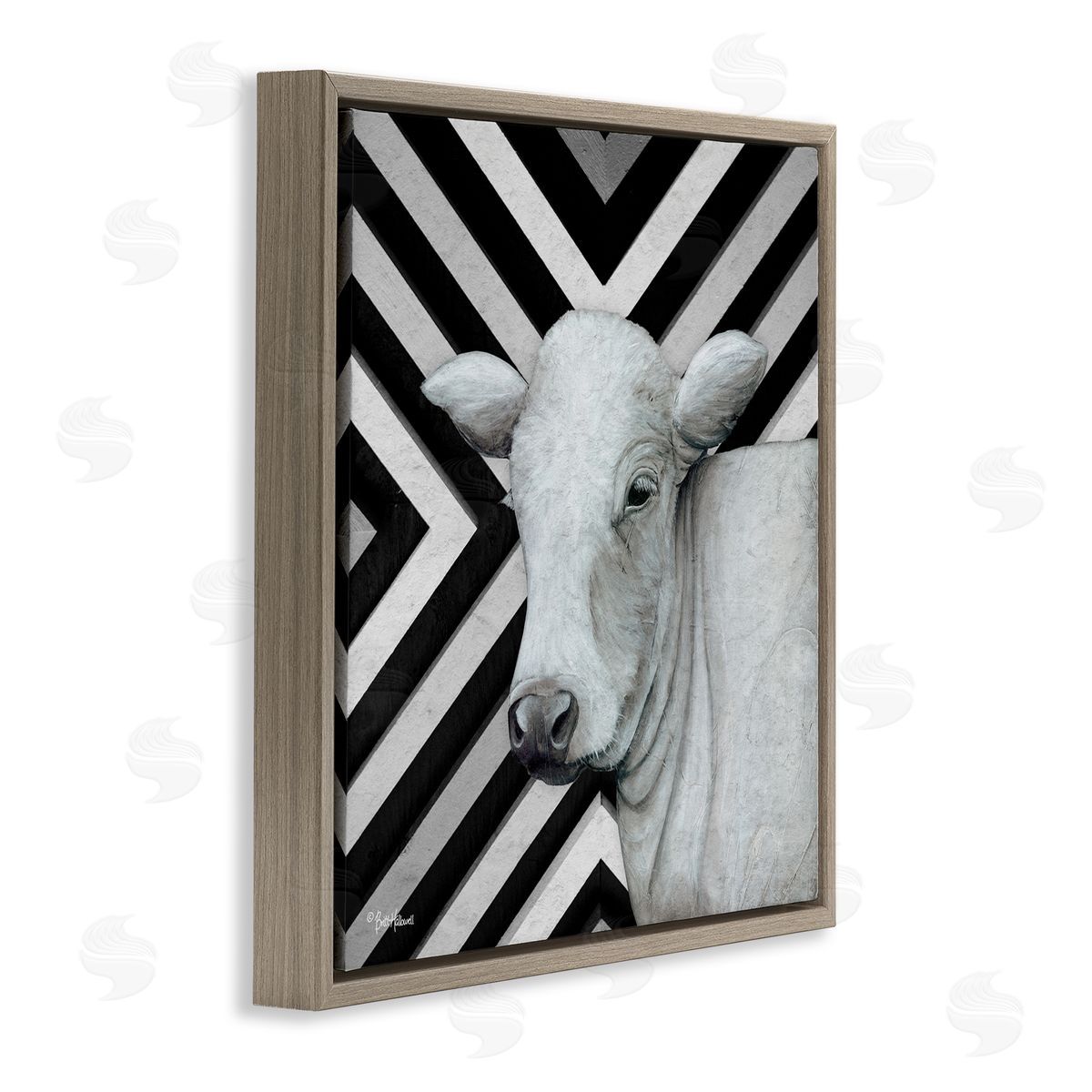 Britt Hallowell Cow Portrait Stripes Pattern Brown Floating Frame Canvas Wall Art Print