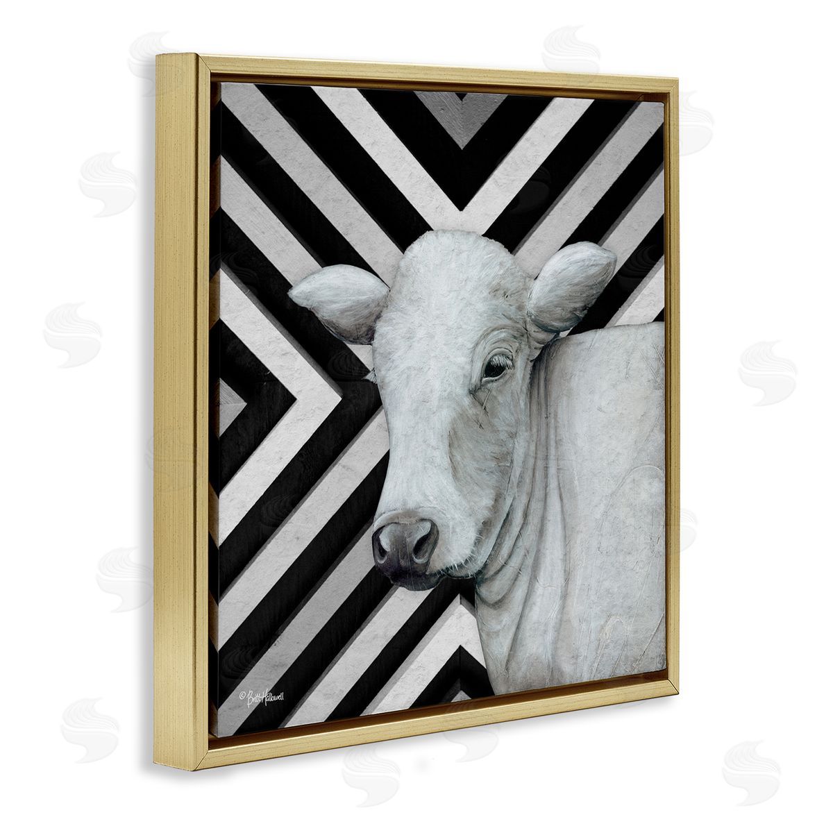 Britt Hallowell Cow Portrait Stripes Pattern Gold Floating Frame Canvas Wall Art Print