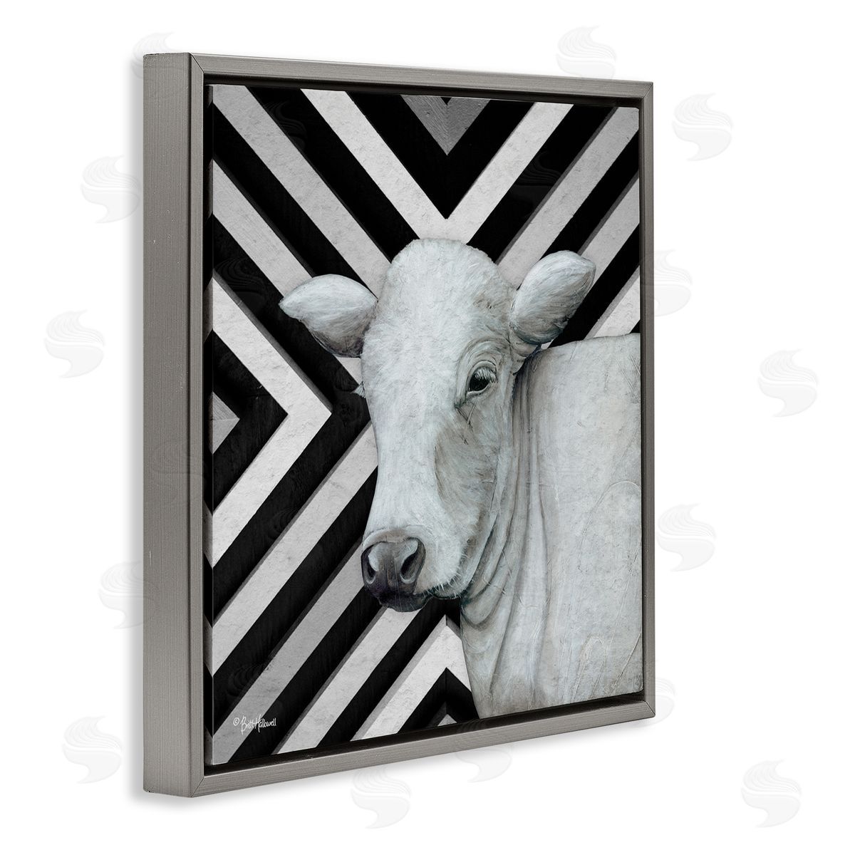 Britt Hallowell Cow Portrait Stripes Pattern Gray Floating Frame Canvas Wall Art Print