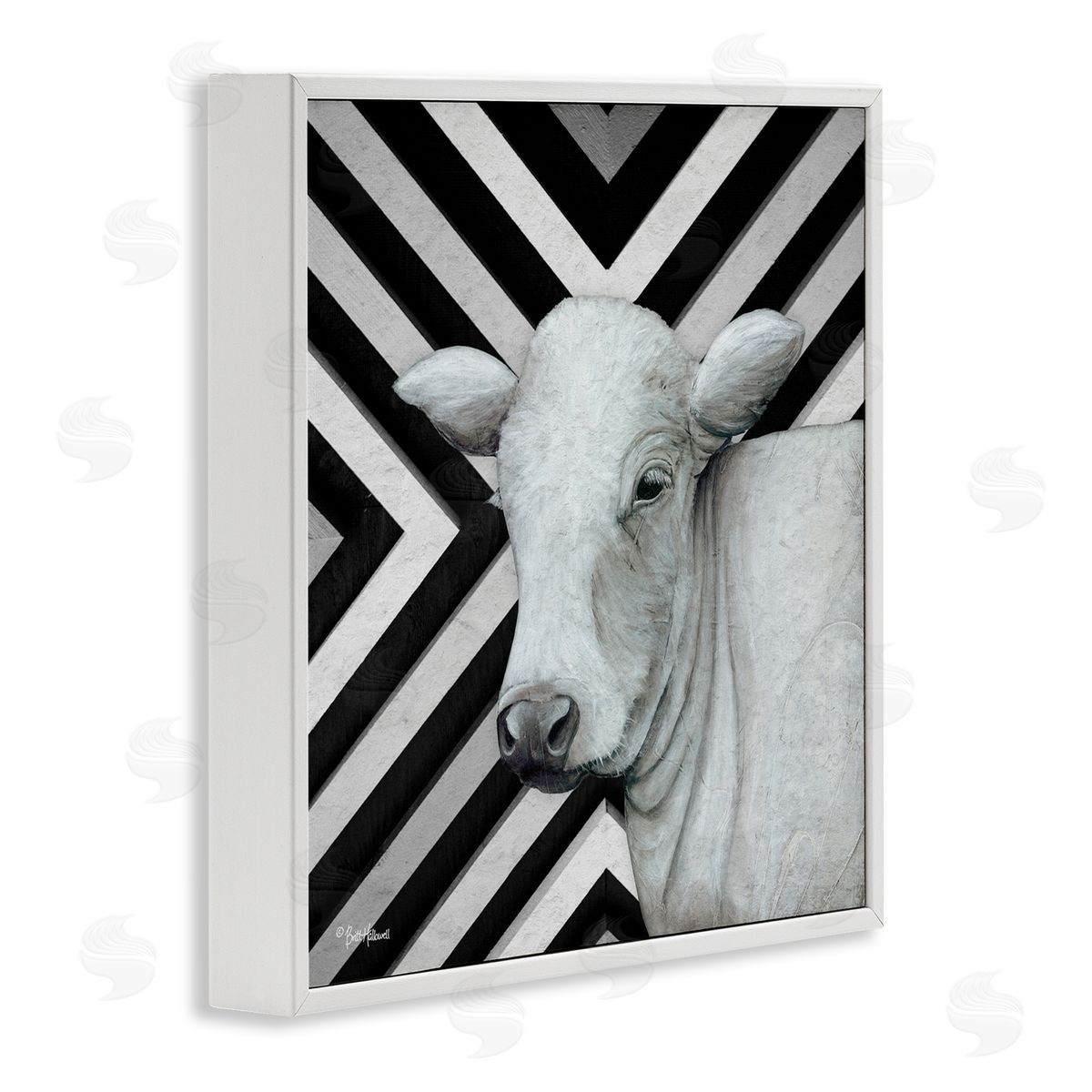 Britt Hallowell Cow Portrait Stripes Pattern White Framed Glicee Wall Art Print
