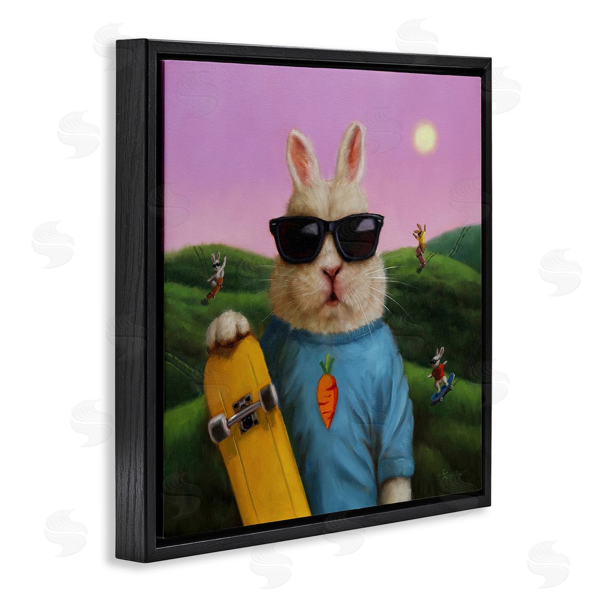 Lucia Heffernan Funny Rabbit Skateboarding Park Black Floating Frame Canvas Wall Art Print