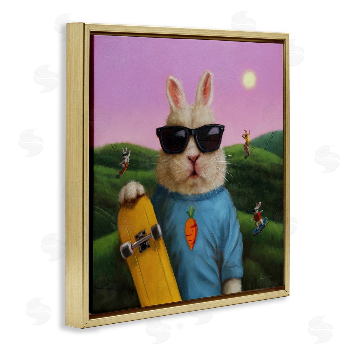Lucia Heffernan Funny Rabbit Skateboarding Park Gold Floating Frame Canvas Wall Art Print