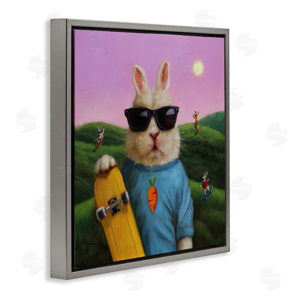 Lucia Heffernan Funny Rabbit Skateboarding Park Gray Floating Frame Canvas Wall Art Print