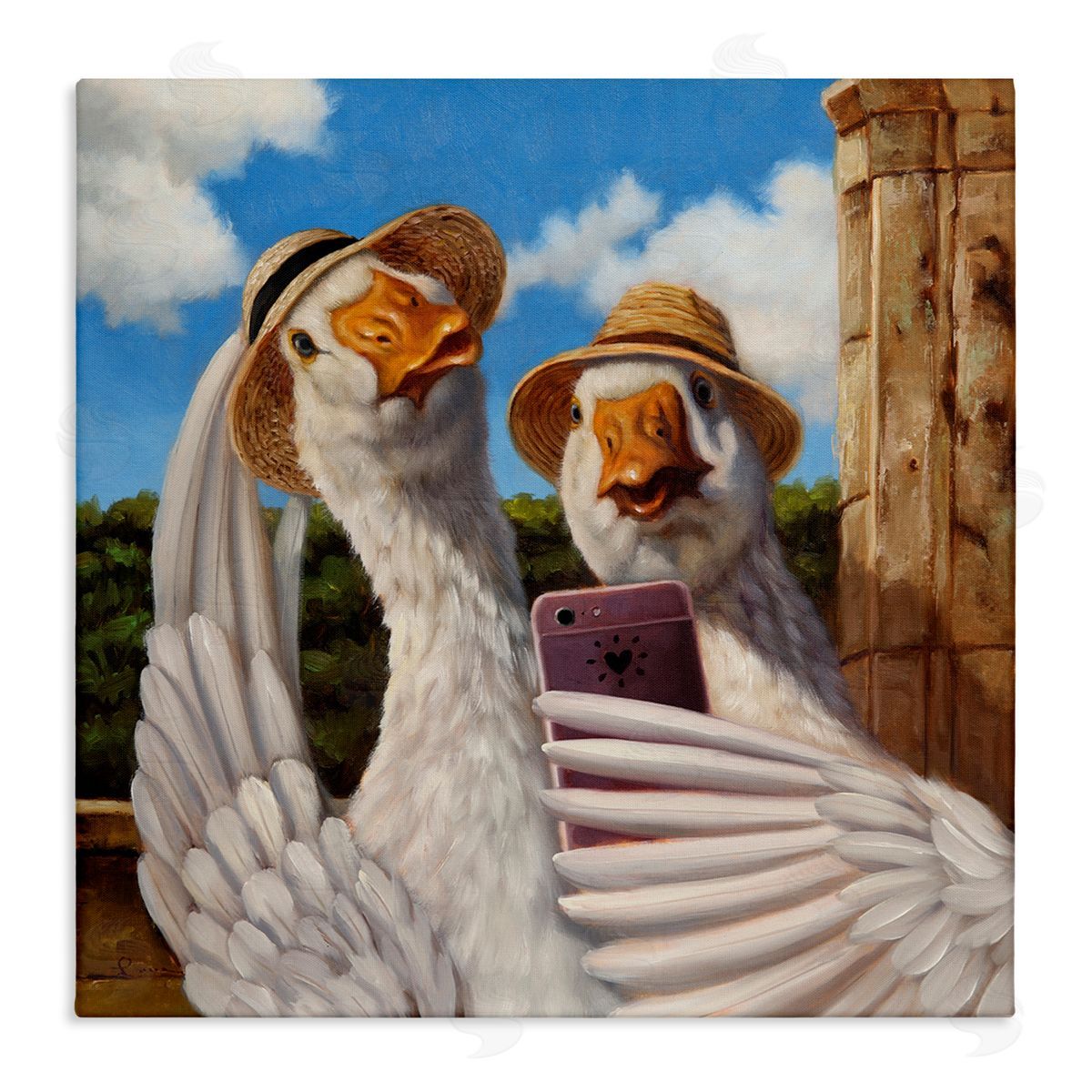 Lucia Heffernan Goose Friends Selfie Scene Stretched Canvas Wall Art Print