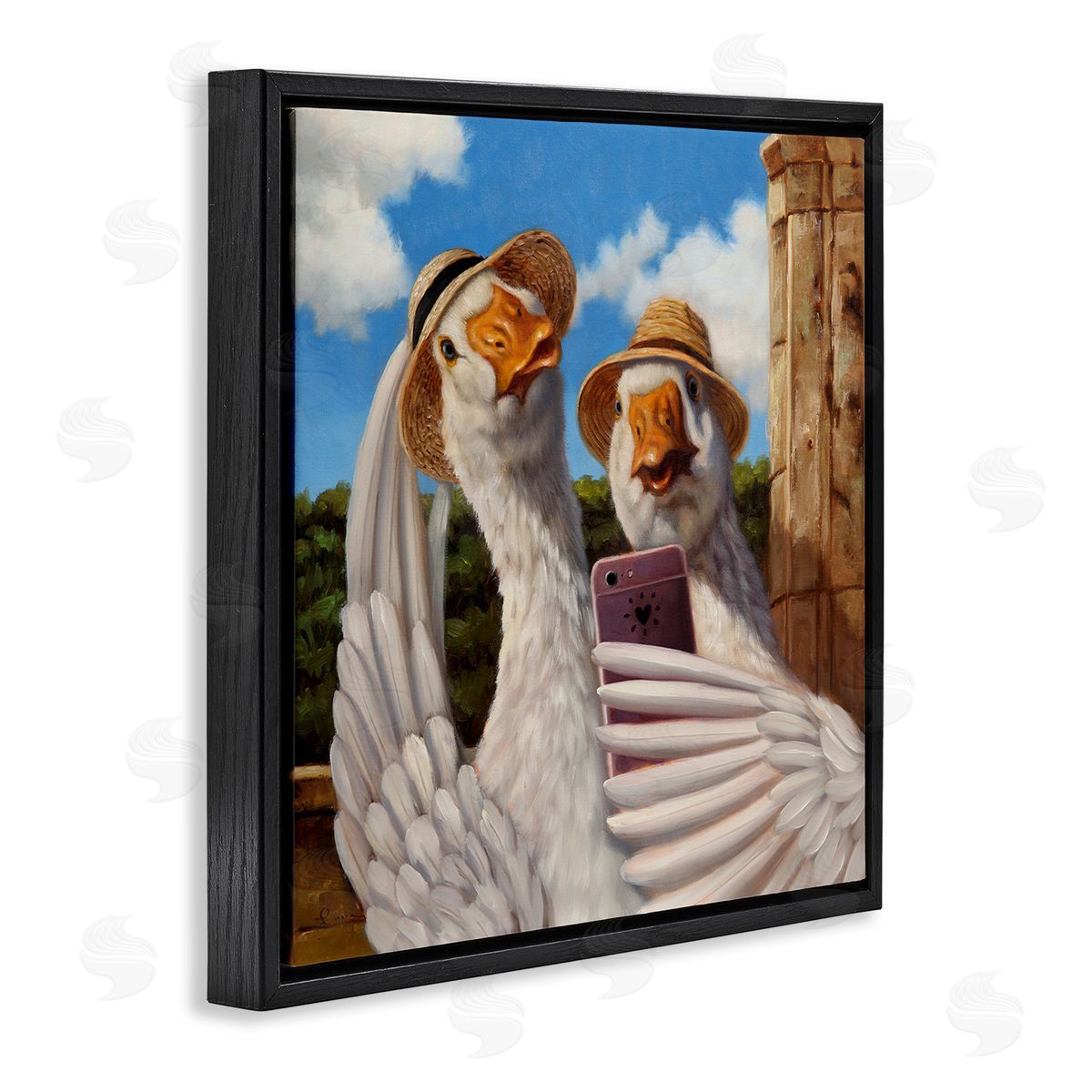 Lucia Heffernan Goose Friends Selfie Scene Black Floating Frame Canvas Wall Art Print