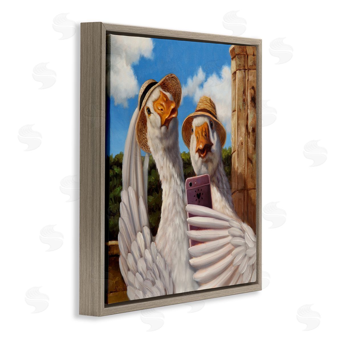 Lucia Heffernan Goose Friends Selfie Scene Brown Floating Frame Canvas Wall Art Print