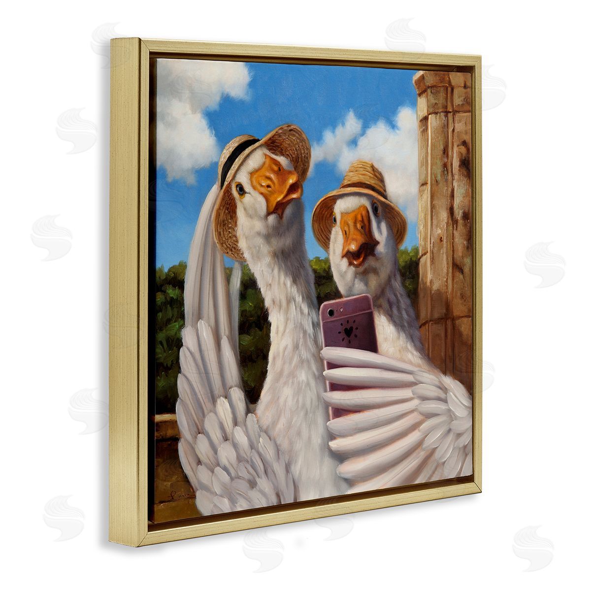 Lucia Heffernan Goose Friends Selfie Scene Gold Floating Frame Canvas Wall Art Print