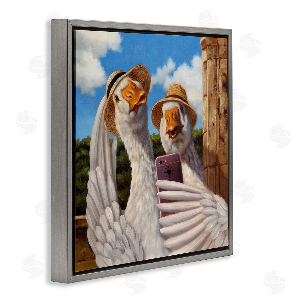 Lucia Heffernan Goose Friends Selfie Scene Gray Floating Frame Canvas Wall Art Print