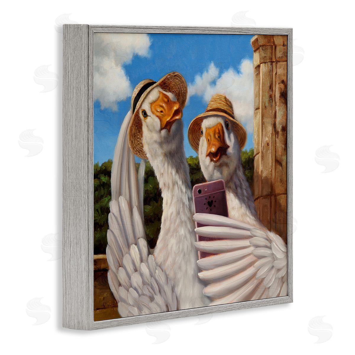 Lucia Heffernan Goose Friends Selfie Scene Gray Framed Glicee Wall Art Print