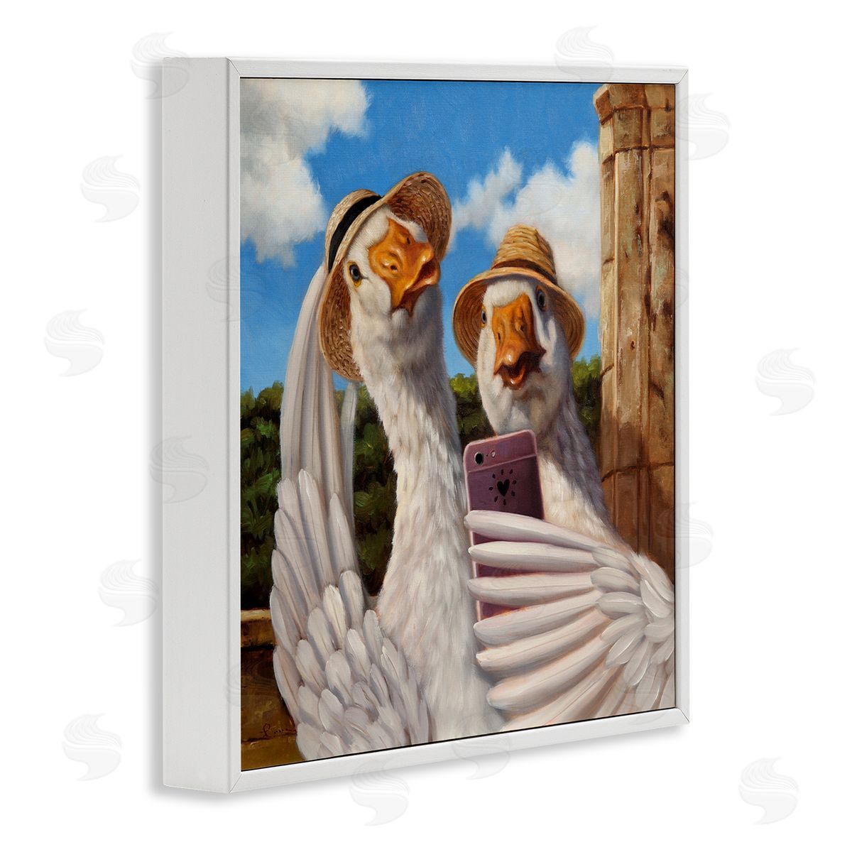 Lucia Heffernan Goose Friends Selfie Scene White Framed Glicee Wall Art Print