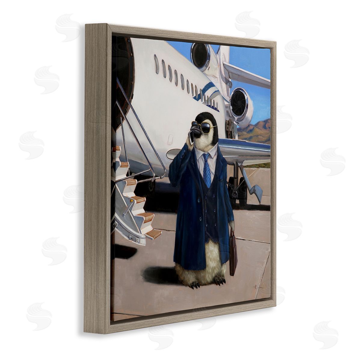 Lucia Heffernan Penguin Businessman Suit Airplane Brown Floating Frame Canvas Wall Art Print