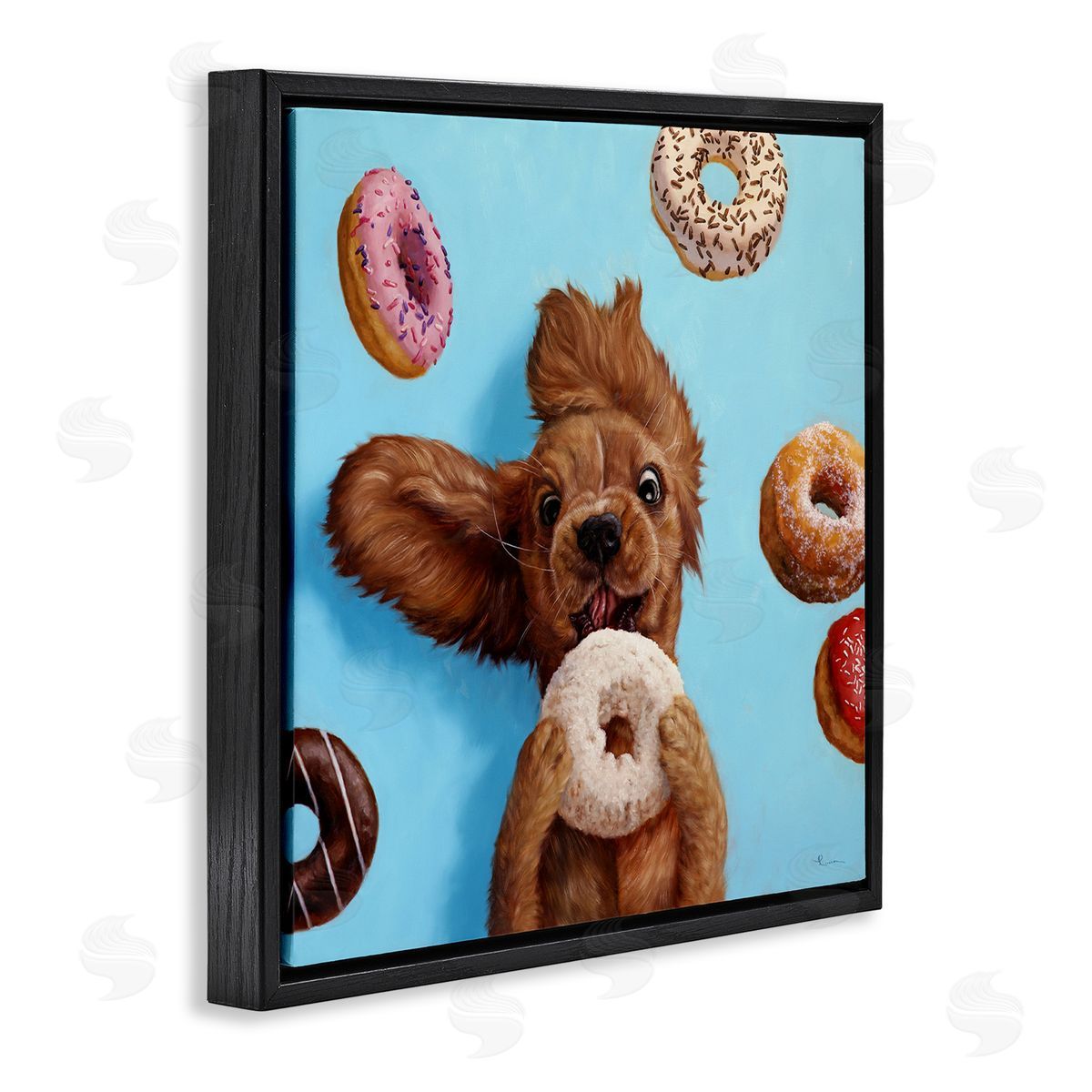 Funny Dog Licking Donut Black Floating Frame Canvas Wall Art, Home Decor by Lucia Heffernan