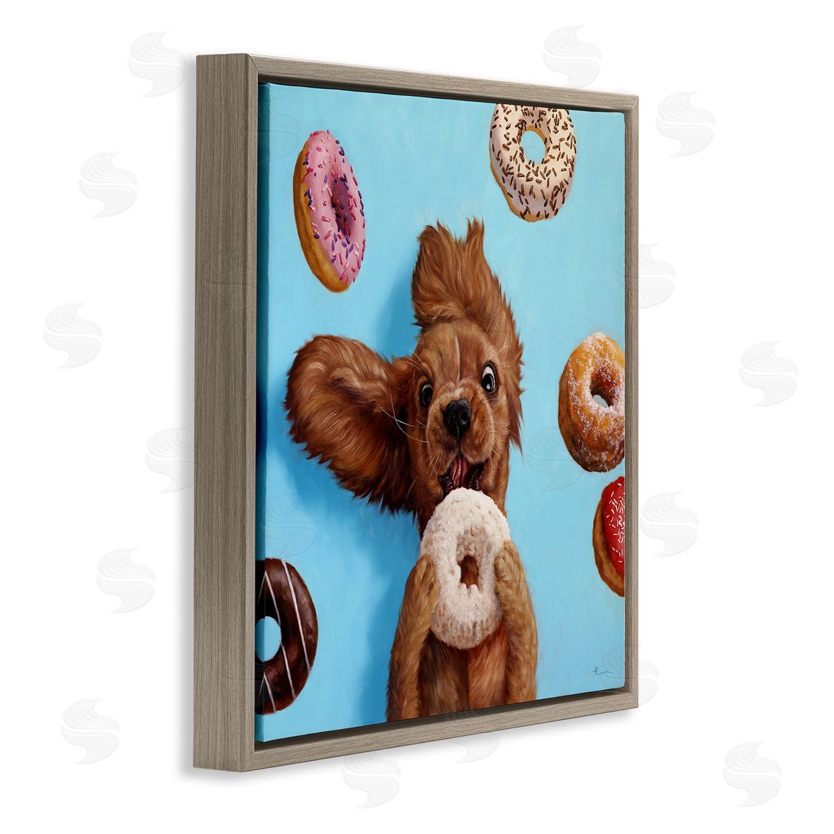Funny Dog Licking Donut Brown Floating Frame Canvas Wall Art, Home Decor by Lucia Heffernan