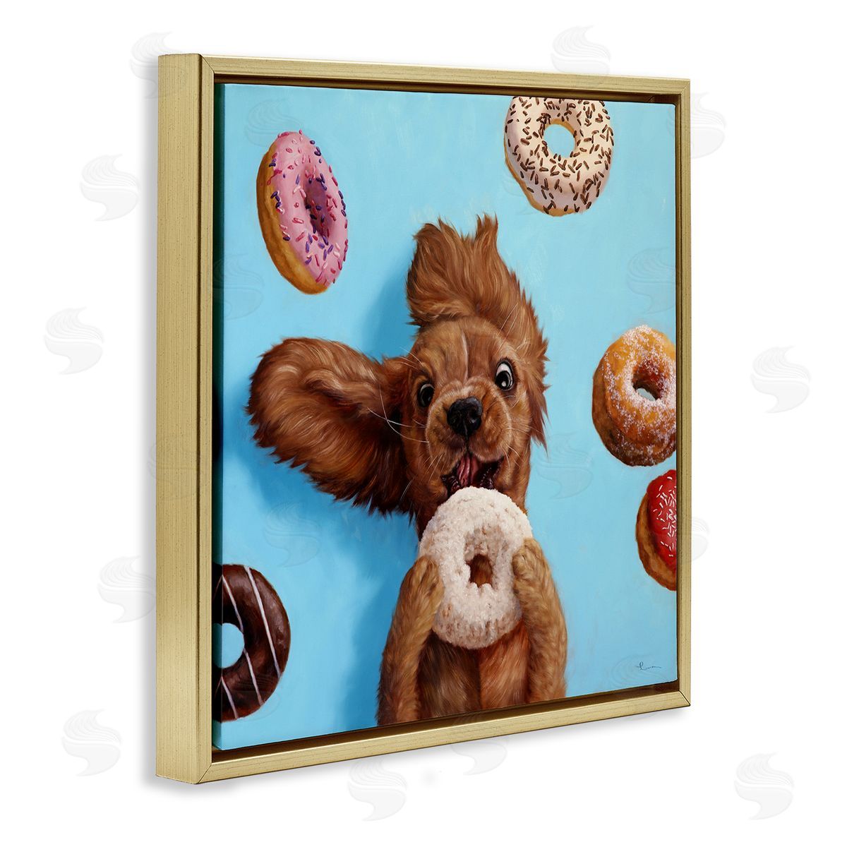 Funny Dog Licking Donut Gold Floating Frame Canvas Wall Art, Home Decor by Lucia Heffernan
