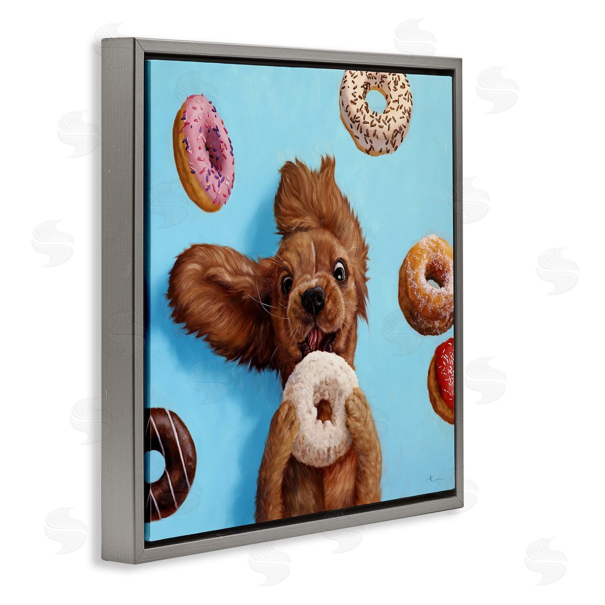 Funny Dog Licking Donut Grey Floating Frame Canvas Wall Art, Home Decor by Lucia Heffernan
