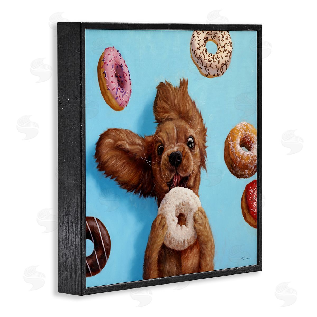 Funny Dog Licking Donut Black Frame Print Wall Art, Home Decor by Lucia Heffernan