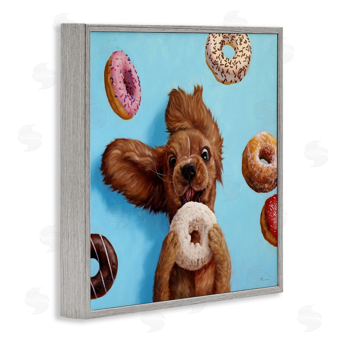 Funny Dog Licking Donut Grey Frame Print Wall Art, Home Decor by Lucia Heffernan