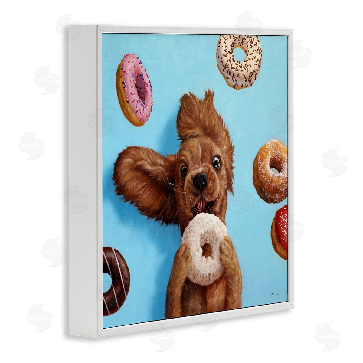 Funny Dog Licking Donut White Frame Print Wall Art, Home Decor by Lucia Heffernan