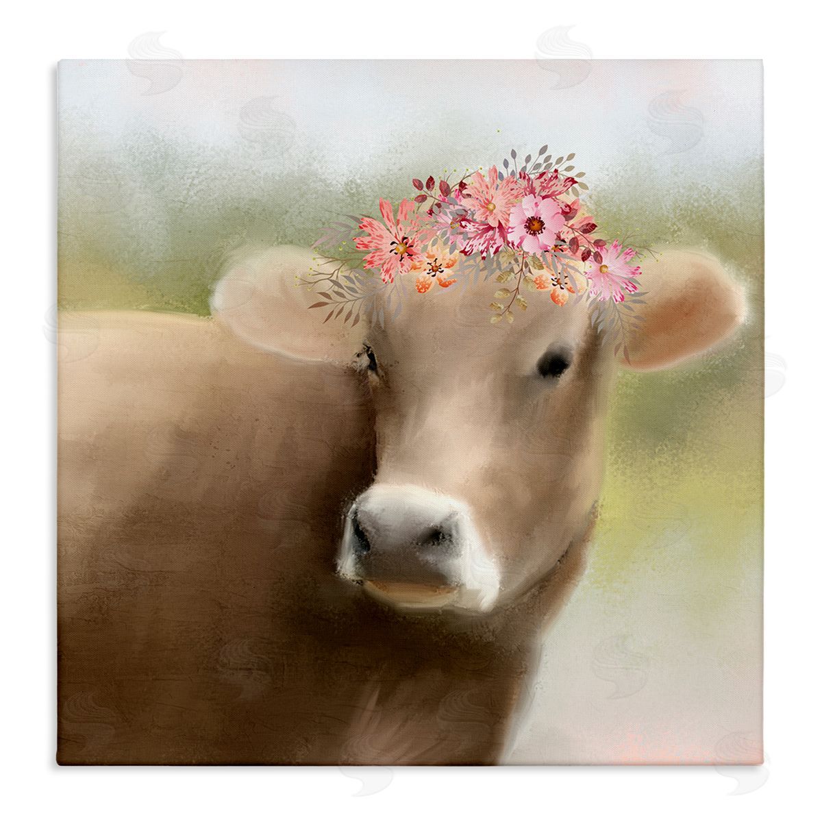 Kim Allen Farm Cow Pink Blooms Arrangement Stretched Canvas Wall Art Print