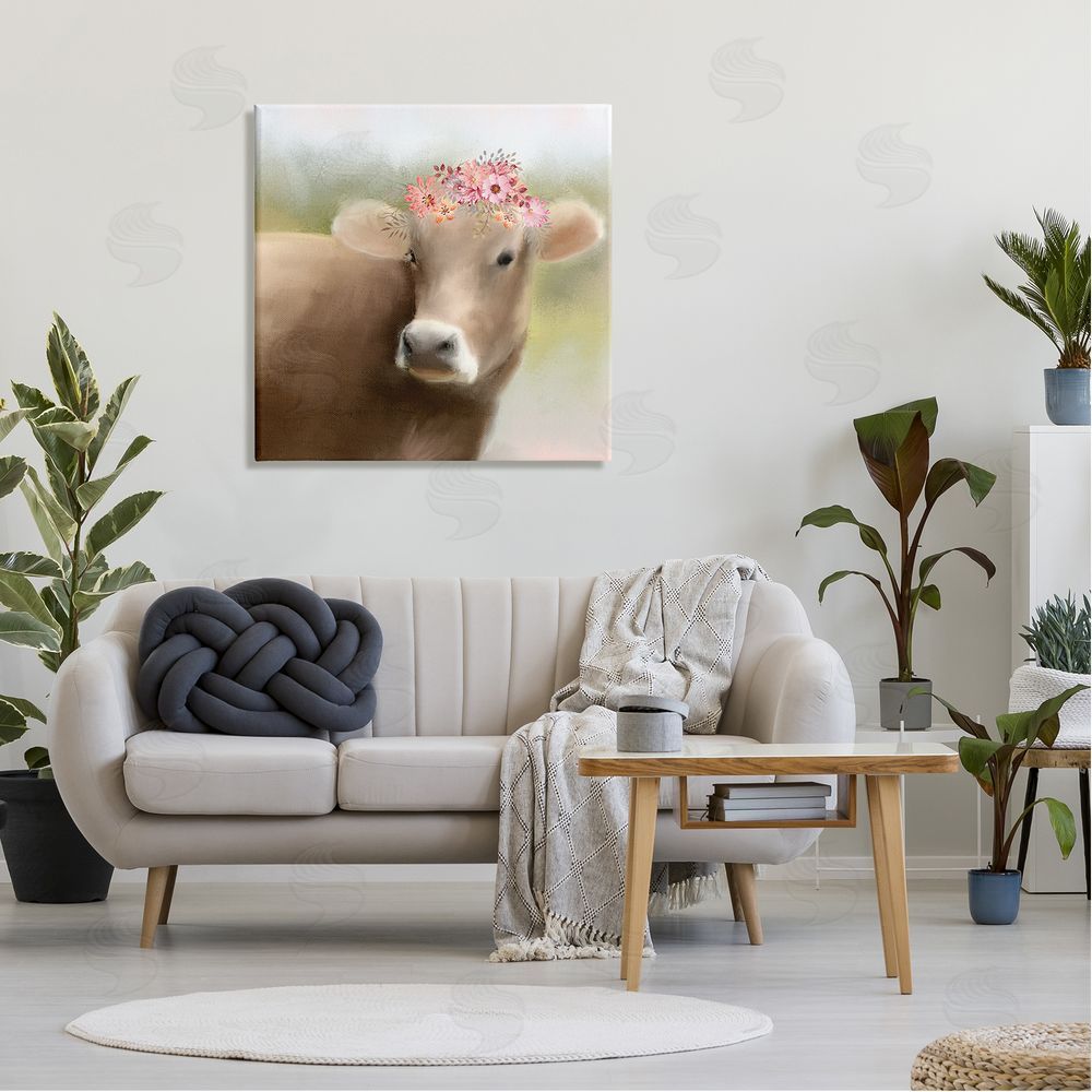 Kim Allen Farm Cow Pink Blooms Arrangement Canvas Wall Art in Room