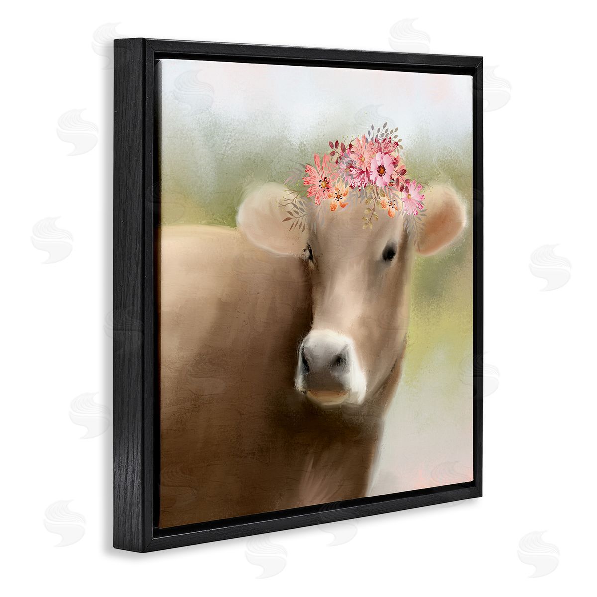 Kim Allen Farm Cow Pink Blooms Arrangement Black Floating Frame Canvas Wall Art Print