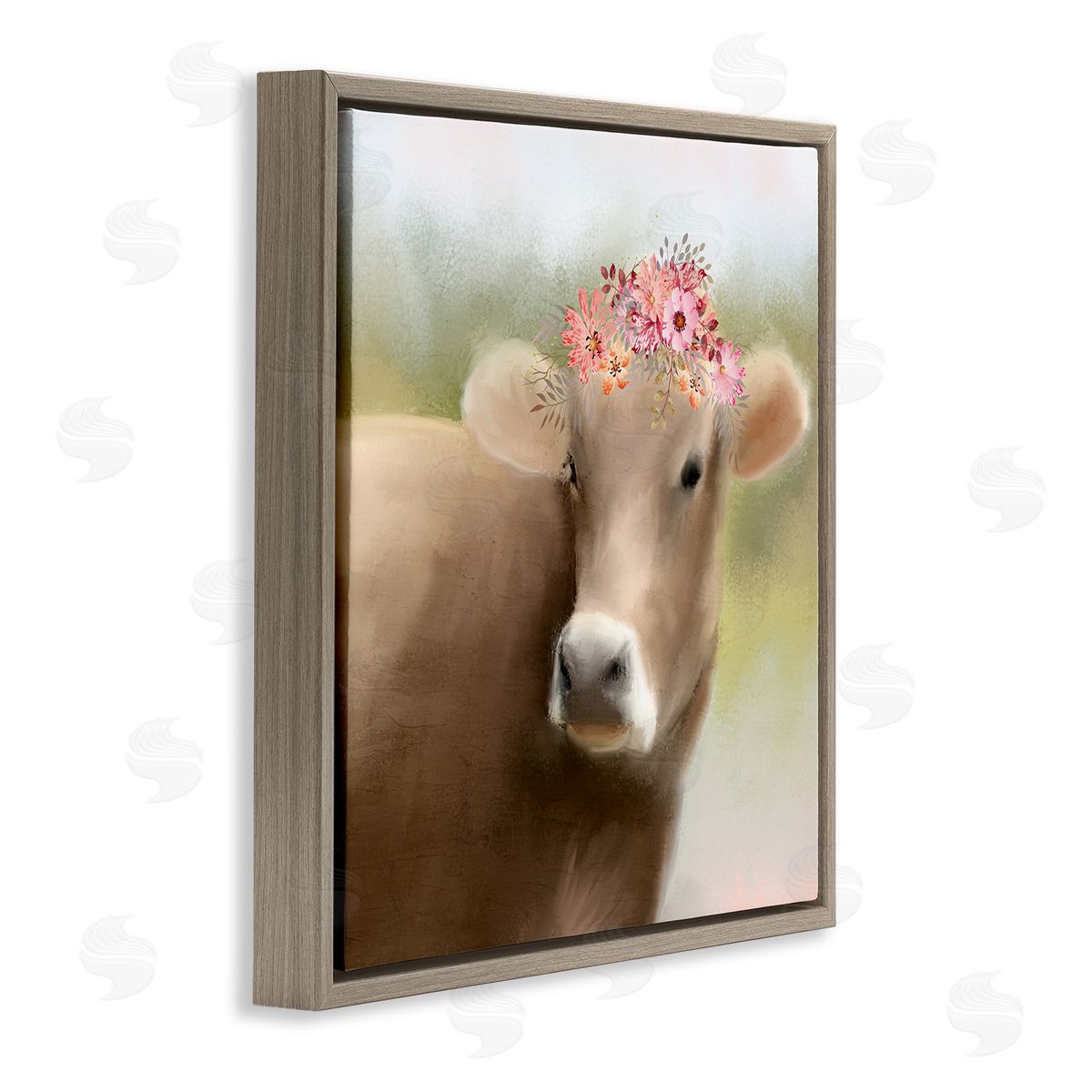 Kim Allen Farm Cow Pink Blooms Arrangement Brown Floating Frame Canvas Wall Art Print