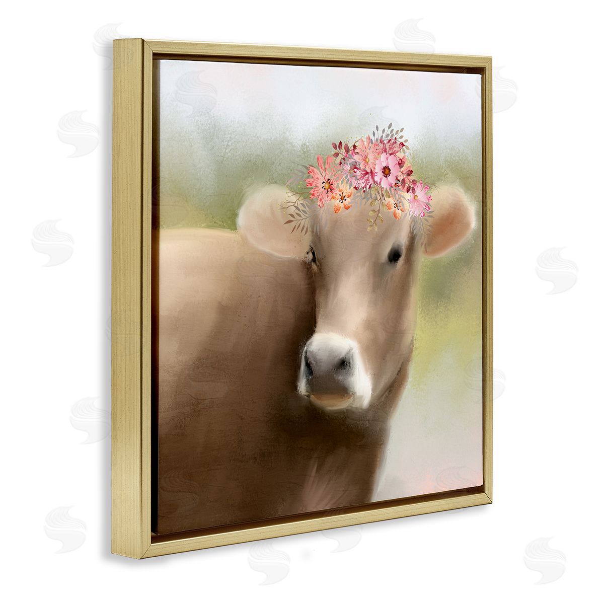 Kim Allen Farm Cow Pink Blooms Arrangement Gold Floating Frame Canvas Wall Art Print