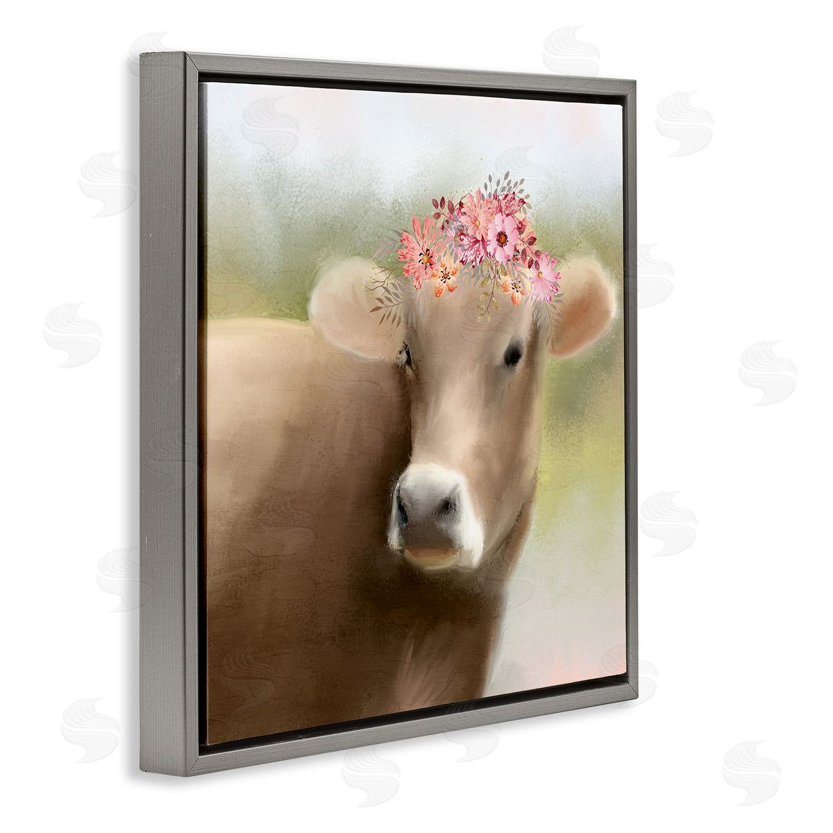 Kim Allen Farm Cow Pink Blooms Arrangement Gray Floating Frame Canvas Wall Art Print