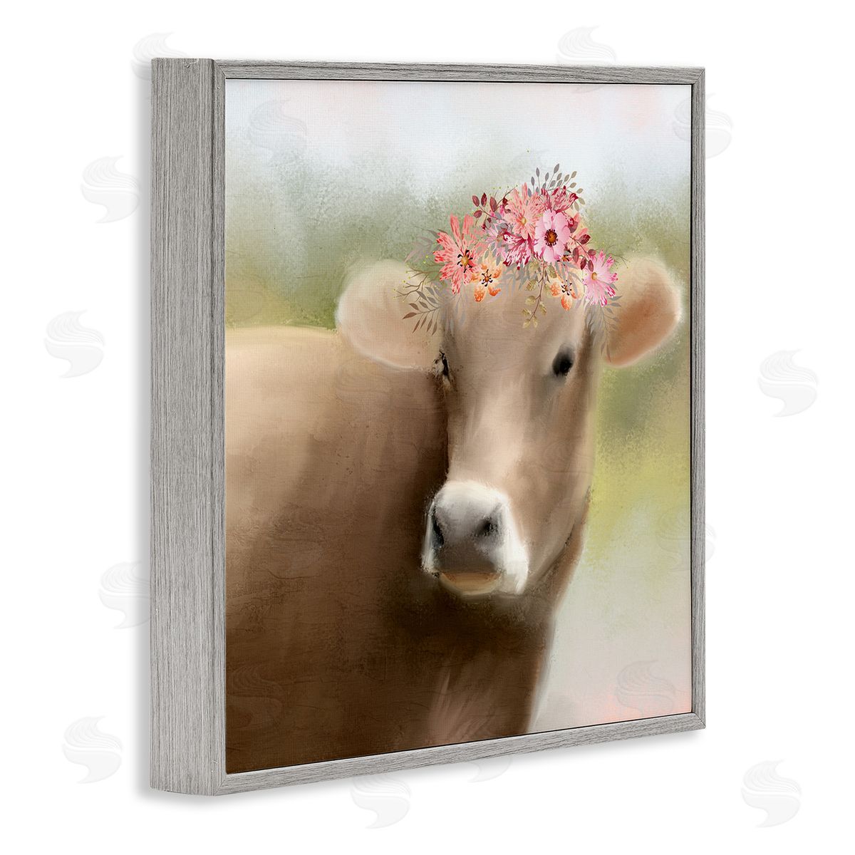 Kim Allen Farm Cow Pink Blooms Arrangement Gray Framed Glicee Wall Art Print